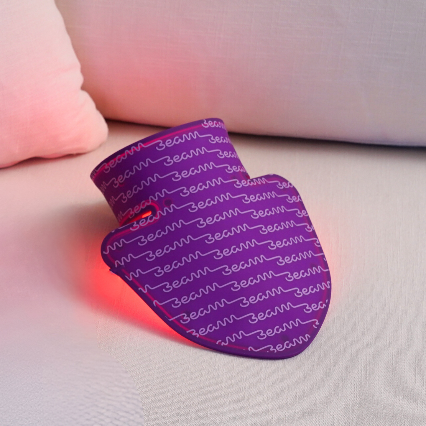 Close-up of the beam-wellness neck mask featuring red light therapy, focusing on its skin-safe materials and advanced light technology.